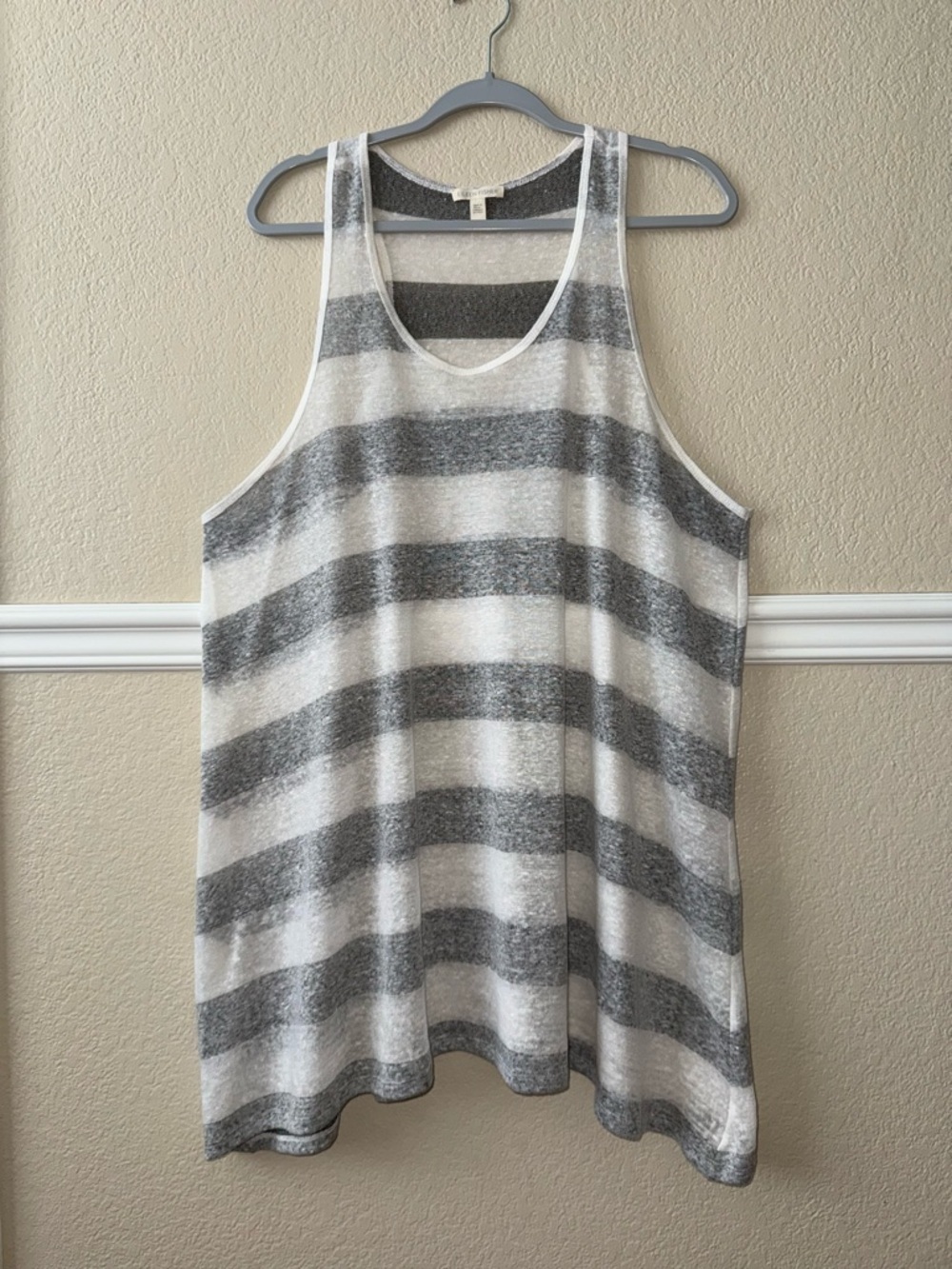 Eileen Fisher Organic Linen Breathable Tank Top White Grey Striped Large